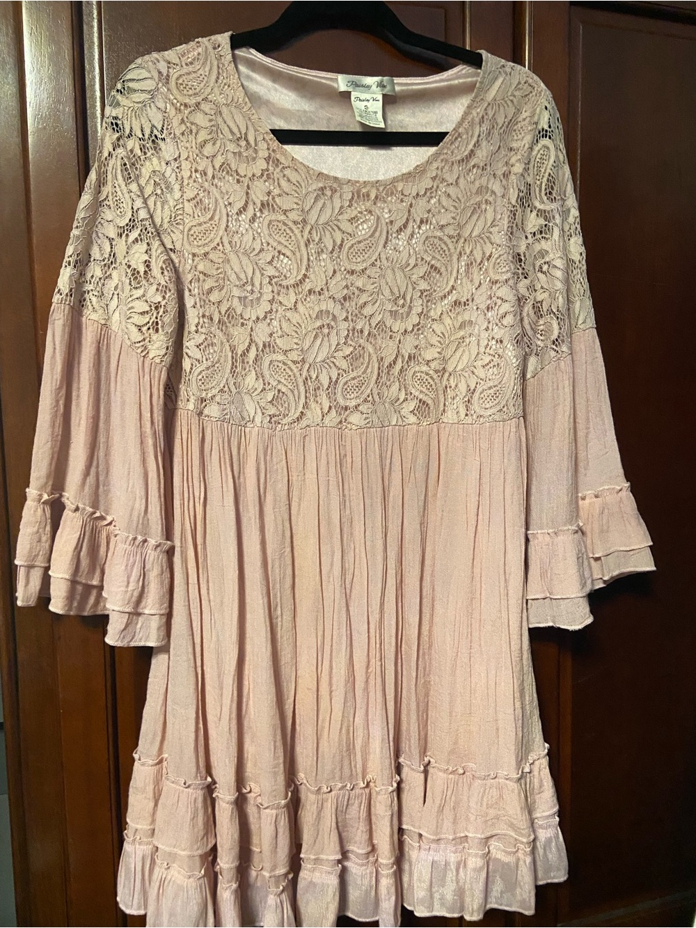 Paisley Vine Blush Pink Lace Boho Tunic Top Size S Romantic Ruffle Sleeve